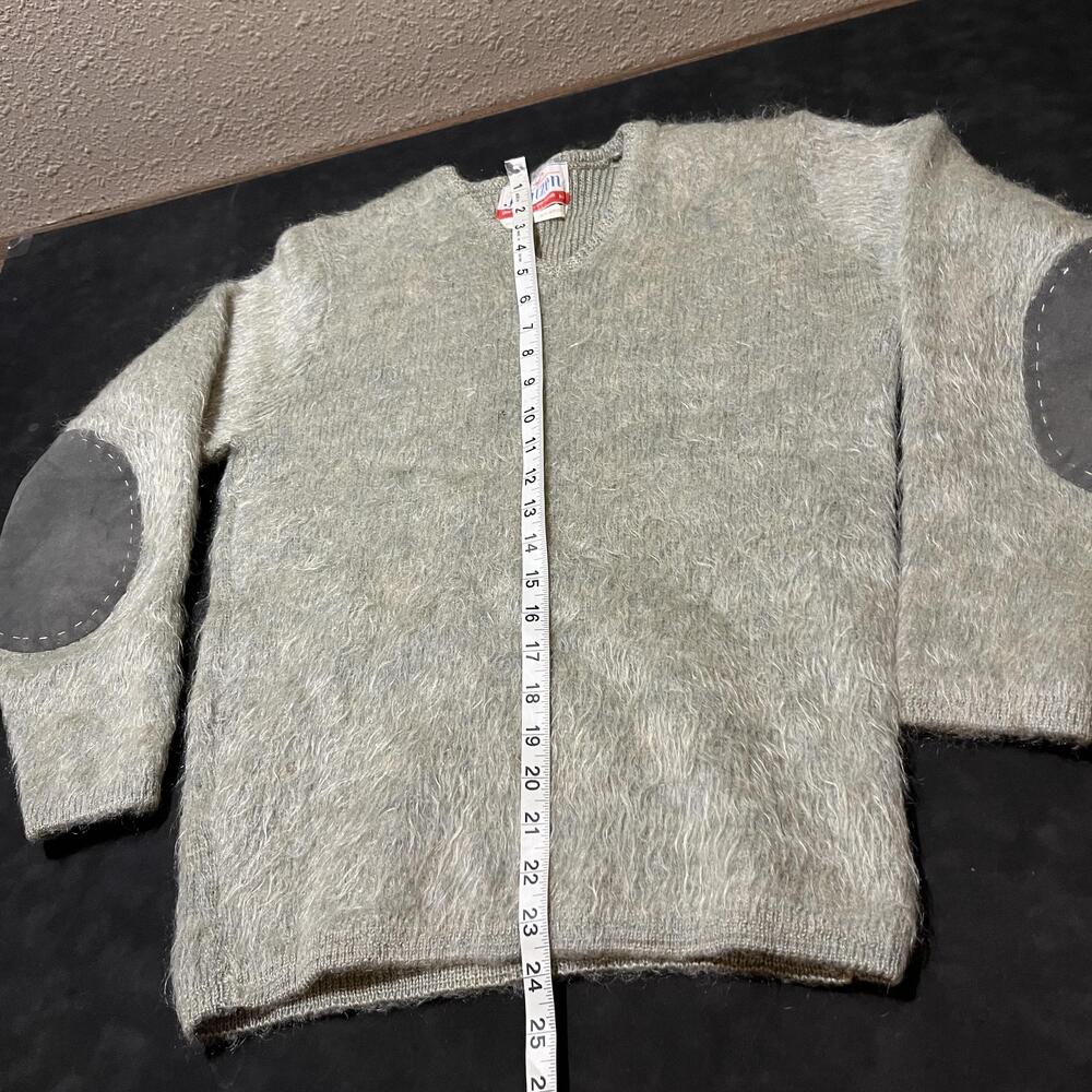 Vintage Jantzen Sweater Shaggy Green Mohair Wool Cobain Leather Elbow Pads 1960s - Picture 9 of 14